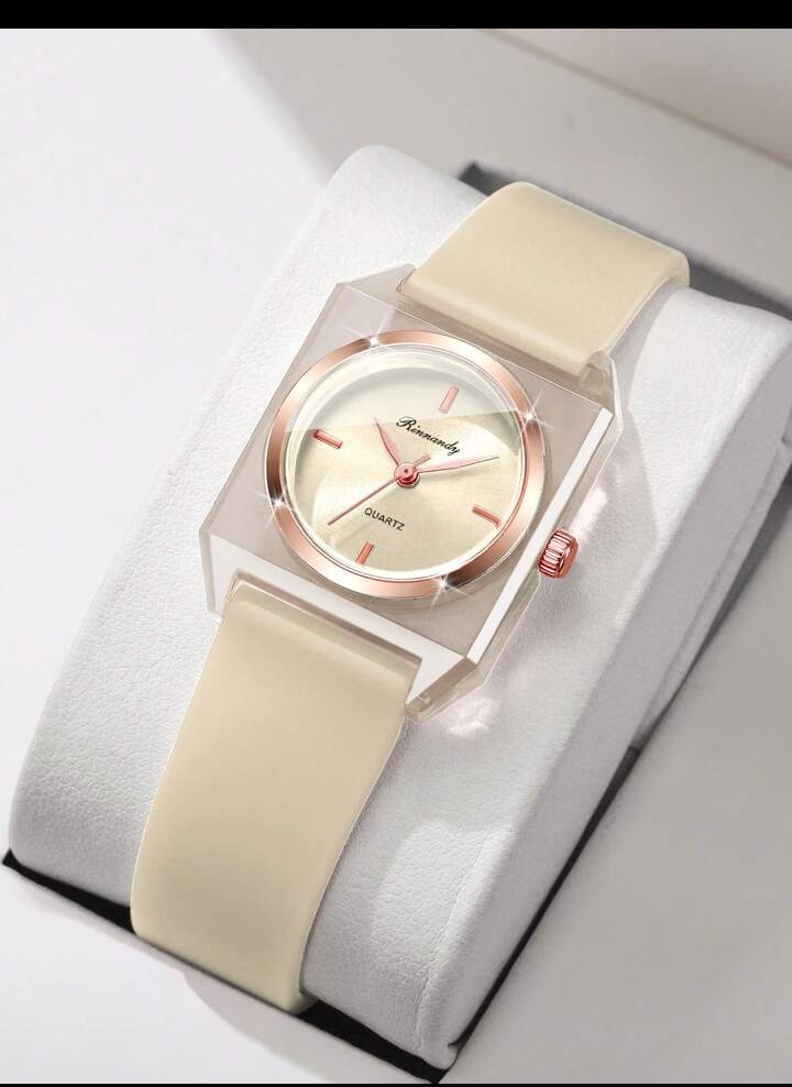 Women's Minimalist Transparent Resin Watch, Elegant Gold-Tone Analog Wristwatch with Cream Silicone Strap