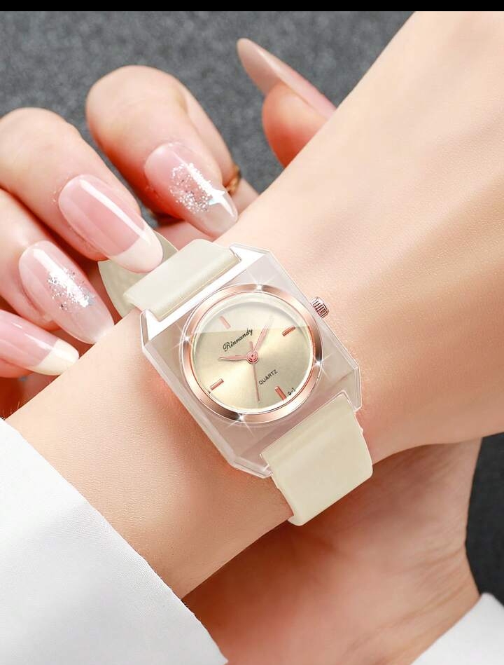 Women's Minimalist Transparent Resin Watch, Elegant Gold-Tone Analog Wristwatch with Cream Silicone Strap 2