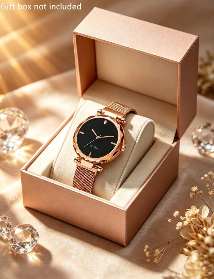 Women's Elegant Rose Gold-Tone Mesh Dress Watch, Minimalist Quartz Wristwatch with Faceted Bezel & Black Dial