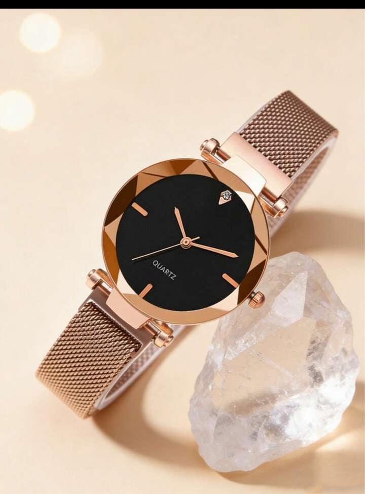 Women's Elegant Rose Gold-Tone Mesh Dress Watch, Minimalist Quartz Wristwatch with Faceted Bezel & Black Dial 2