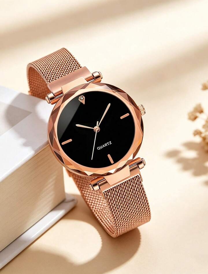 Women's Elegant Rose Gold-Tone Mesh Dress Watch, Minimalist Quartz Wristwatch with Faceted Bezel & Black Dial 3