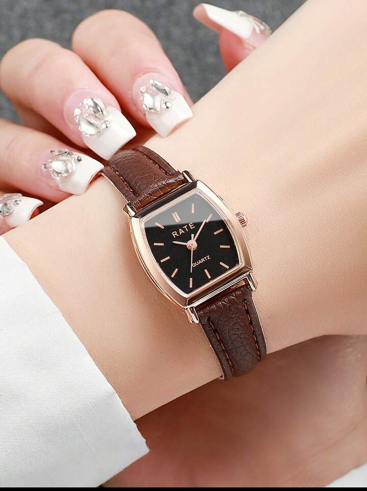 Elegant Women's Quartz Wristwatch with Brown Leather Strap, Rose Gold Tonneau Case, Minimalist Analog Watch for Daily Wear
