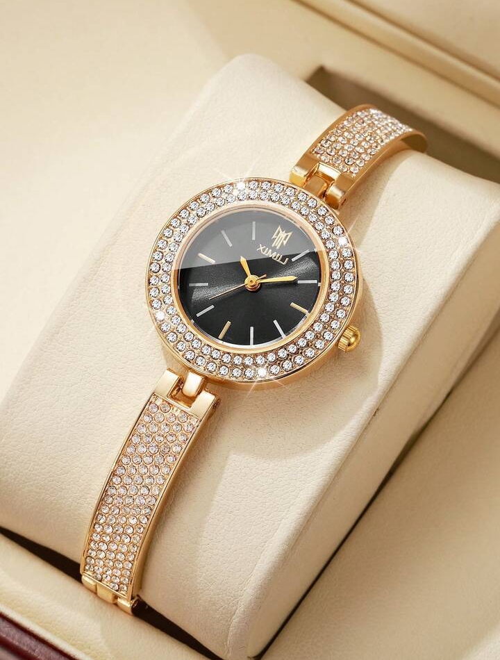 Luxury Women's Rhinestone Bracelet Watch, Elegant Gold-Tone Analog Dress Watch with Sparkling Crystal Bezel and Strap