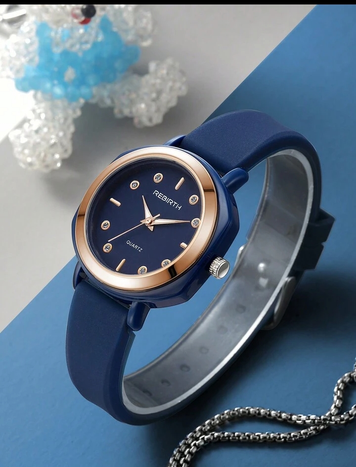 Elegant Women's Quartz Watch, Blue Silicone Strap Wristwatch with Rose Gold Bezel and Rhinestone Accents, Fashion Minimalist Analog Timepiece