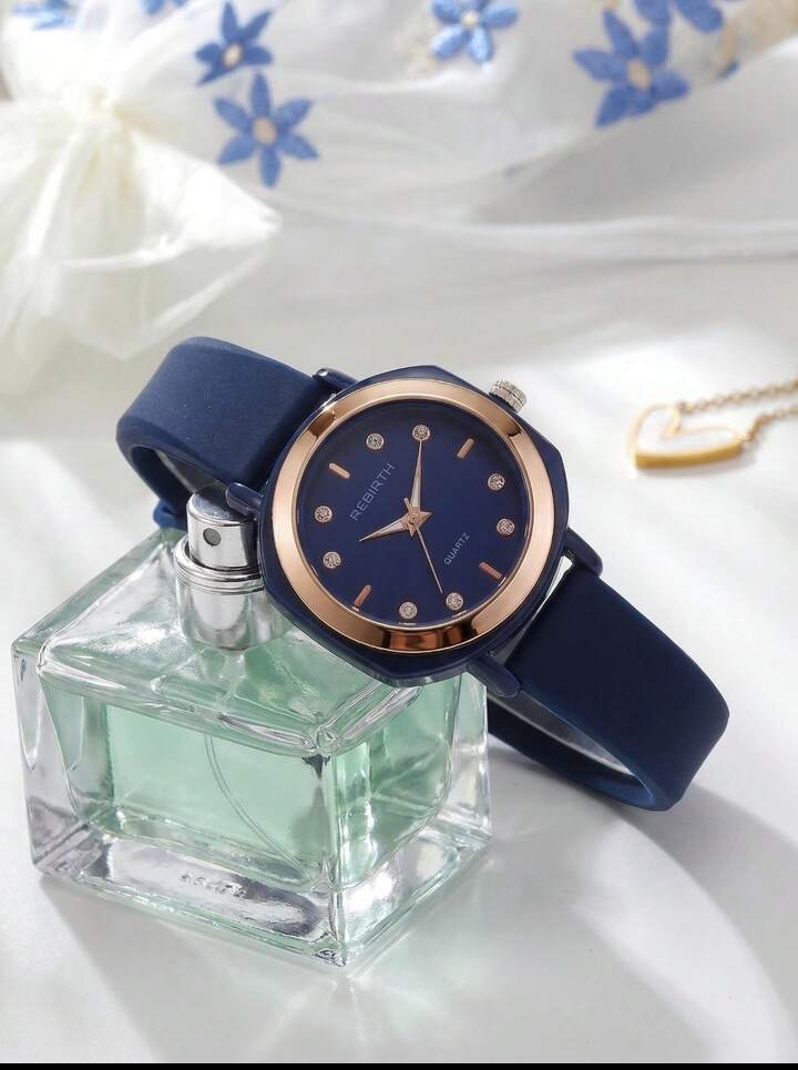 Elegant Women's Quartz Watch, Blue Silicone Strap Wristwatch with Rose Gold Bezel and Rhinestone Accents, Fashion Minimalist Analog Timepiece 2