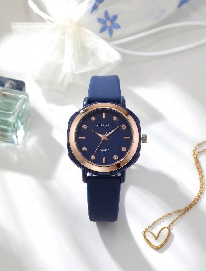 Elegant Women's Quartz Watch, Blue Silicone Strap Wristwatch with Rose Gold Bezel and Rhinestone Accents, Fashion Minimalist Analog Timepiece 3