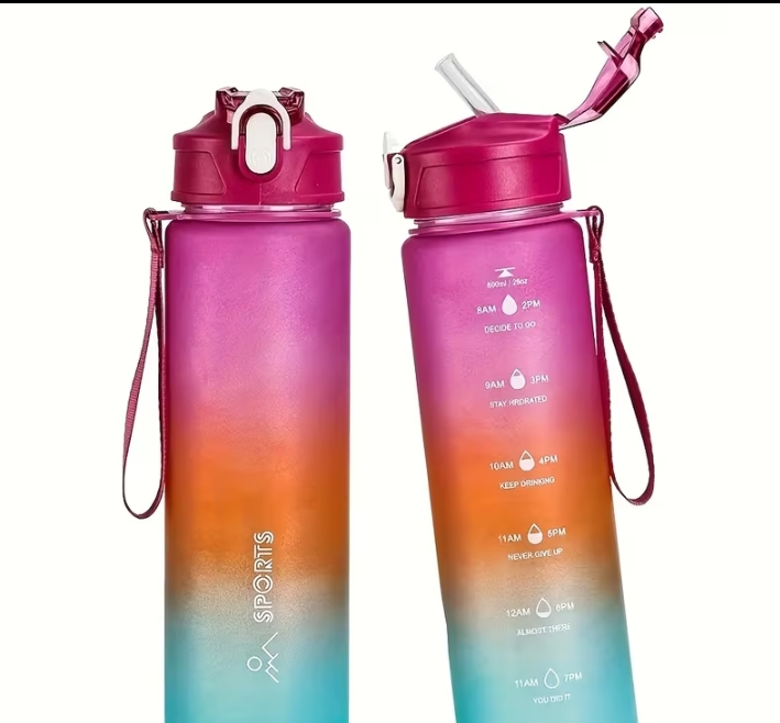 750ml Leakproof Portable Water Bottle with Straw Lid & Carry Loop - Gradient Color Hydration Tracking Scale (Measurements) for, Gym, Camping - Outdoor Sports Drink Bottle for,, Travel