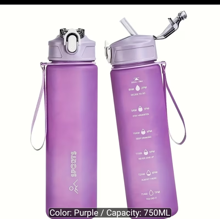 750ml Leakproof Water Bottle with Straw & Hydration Tracker Stay hydrated wherever you go with this 750ml Leakproof Water Bottle, designed for active lifestyles and everyday use. Featuring a stylish gradient design, built-in hydration tracking scale, convenient straw lid, and carry loop, this reusable bottle makes it easy to monitor your daily water intake while on the move. Made from durable, lightweight material, the bottle is leakproof and easy to carry, making it perfect for the gym, office, school, hiking, camping, travel, and outdoor activities. The flip-up straw allows for convenient one-handed drinking, while the wide-mouth opening makes filling and cleaning simple. Whether you're working out, traveling, or staying hydrated throughout the day, this practical sports bottle combines style, convenience, and functionality. Key Features - 750ml capacity for everyday hydration - Leakproof design helps prevent spills - Built-in straw lid for easy drinking - Hydration tracking scale with measurement markings - Stylish gradient color finish - Convenient carry loop for easy portability - Lightweight and durable construction - Wide-mouth opening for easy filling and cleaning - Reusable and eco-friendly design - Suitable for indoor and outdoor use Package Includes - 1 × 750ml Leakproof Water Bottle with Straw Lid Suitable For - Gym workouts - Running - Fitness training - Hiking - Camping - Travel - School - Office - Outdoor sports - Everyday hydration