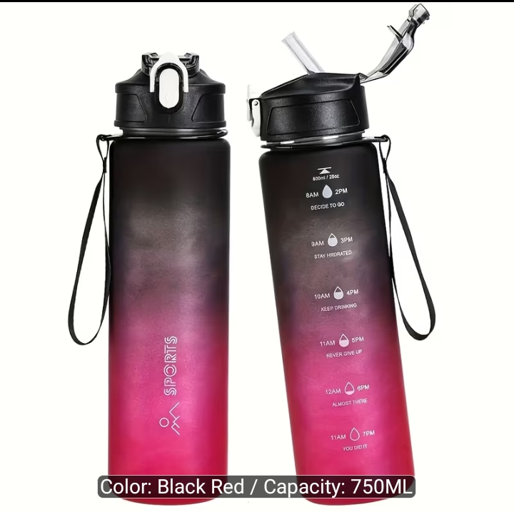 750ml Leakproof Water Bottle with Straw & Hydration Tracker Stay hydrated wherever you go with this 750ml Leakproof Water Bottle, designed for active lifestyles and everyday use. Featuring a stylish gradient design, built-in hydration tracking scale, convenient straw lid, and carry loop, this reusable bottle makes it easy to monitor your daily water intake while on the move. Made from durable, lightweight material, the bottle is leakproof and easy to carry, making it perfect for the gym, office, school, hiking, camping, travel, and outdoor activities. The flip-up straw allows for convenient one-handed drinking, while the wide-mouth opening makes filling and cleaning simple. Whether you're working out, traveling, or staying hydrated throughout the day, this practical sports bottle combines style, convenience, and functionality. Key Features - 750ml capacity for everyday hydration - Leakproof design helps prevent spills - Built-in straw lid for easy drinking - Hydration tracking scale with measurement markings - Stylish gradient color finish - Convenient carry loop for easy portability - Lightweight and durable construction - Wide-mouth opening for easy filling and cleaning - Reusable and eco-friendly design - Suitable for indoor and outdoor use Package Includes - 1 × 750ml Leakproof Water Bottle with Straw Lid Suitable For - Gym workouts - Running - Fitness training - Hiking - Camping - Travel - School - Office - Outdoor sports - Everyday hydration