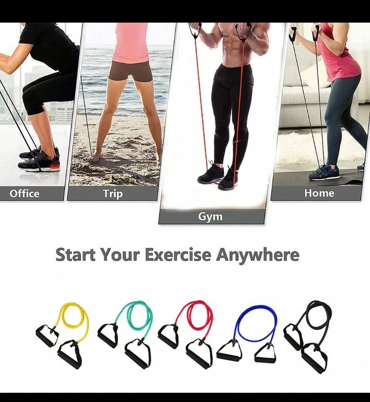 Complete Resistance Band Set for Home Gym & Strength Training Build strength, improve flexibility, and enjoy full-body workouts anywhere with this Resistance Band Set. This complete fitness kit includes resistance bands, comfortable handles, a door anchor, leg/ankle straps, and a convenient carry bag, giving you everything you need for effective home or travel workouts. Made from durable, high-quality natural latex, the resistance bands provide smooth, consistent tension for a wide variety of exercises. The ergonomic handles ensure a secure and comfortable grip, while the door anchor and ankle straps expand your exercise options for both upper and lower body training. Ideal for beginners and advanced fitness enthusiasts, this portable workout set is perfect for strength training, muscle building, conditioning, stretching, rehabilitation, and full-body fitness. Key Features - Complete resistance band workout kit - Includes resistance bands, handles, door anchor, ankle straps, and carry bag - Durable, high-quality elastic material for long-lasting performance - Comfortable non-slip handles for a secure grip - Lightweight and portable for home, gym, office, or travel - Suitable for full-body strength and resistance training - Helps improve muscle tone, flexibility, endurance, and mobility - Easy to set up and use - Suitable for both beginners and experienced users - Designed for men and women Package Includes - Resistance Bands - 2 × Ergonomic Handles - 1 × Door Anchor - 2 × Leg/Ankle Straps - 1 × Carry Storage Bag Suitable For - Strength training - Home workouts - Muscle building - Resistance training - Chest exercises - Yoga - Pilates - Stretching - Physical rehabilitation - Travel fitness