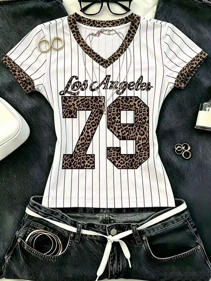 Women's Fashion Sporty Jersey T-Shirt, Graphic V-Neck Everyday Casual Wear