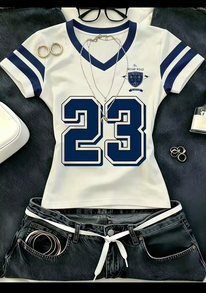 Women's Fashion Sporty Jersey T-Shirt, Graphic V-Neck Everyday Casual Wear