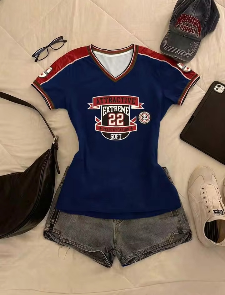 Women's Fashion Sporty Jersey T-Shirt, Graphic V-Neck Everyday Casual Wear 3