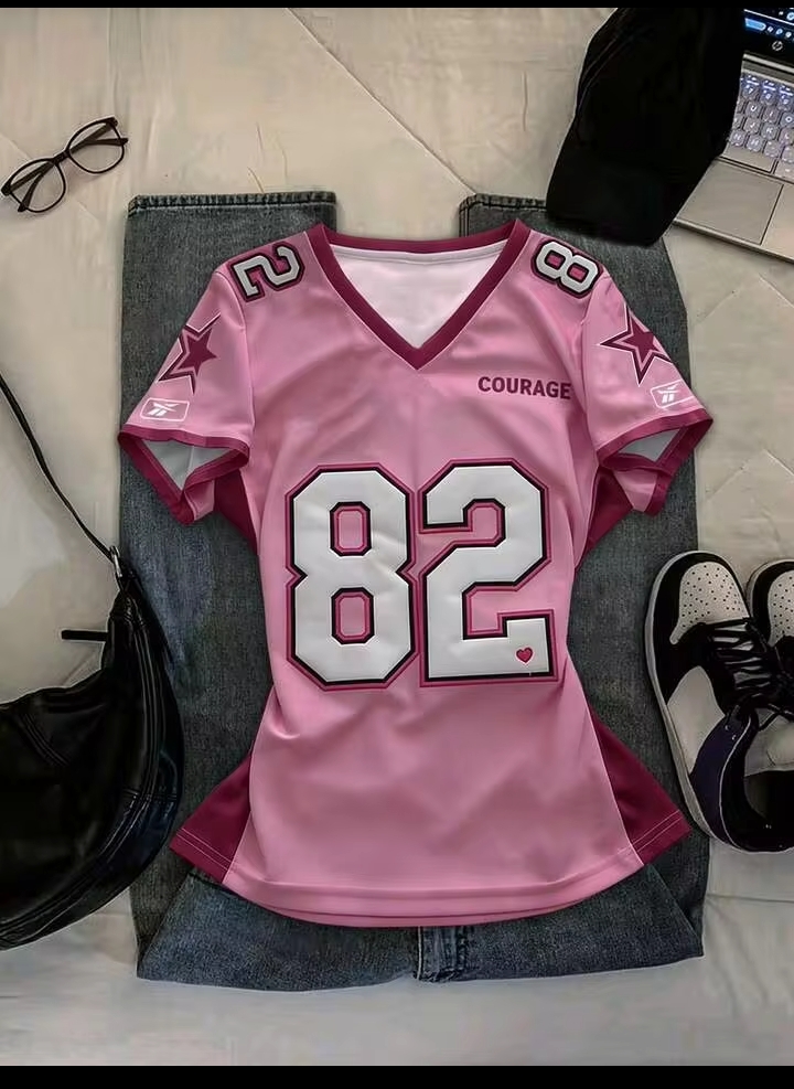 Women's Fashion Sporty Jersey T-Shirt, Graphic V-Neck Everyday Casual Wear