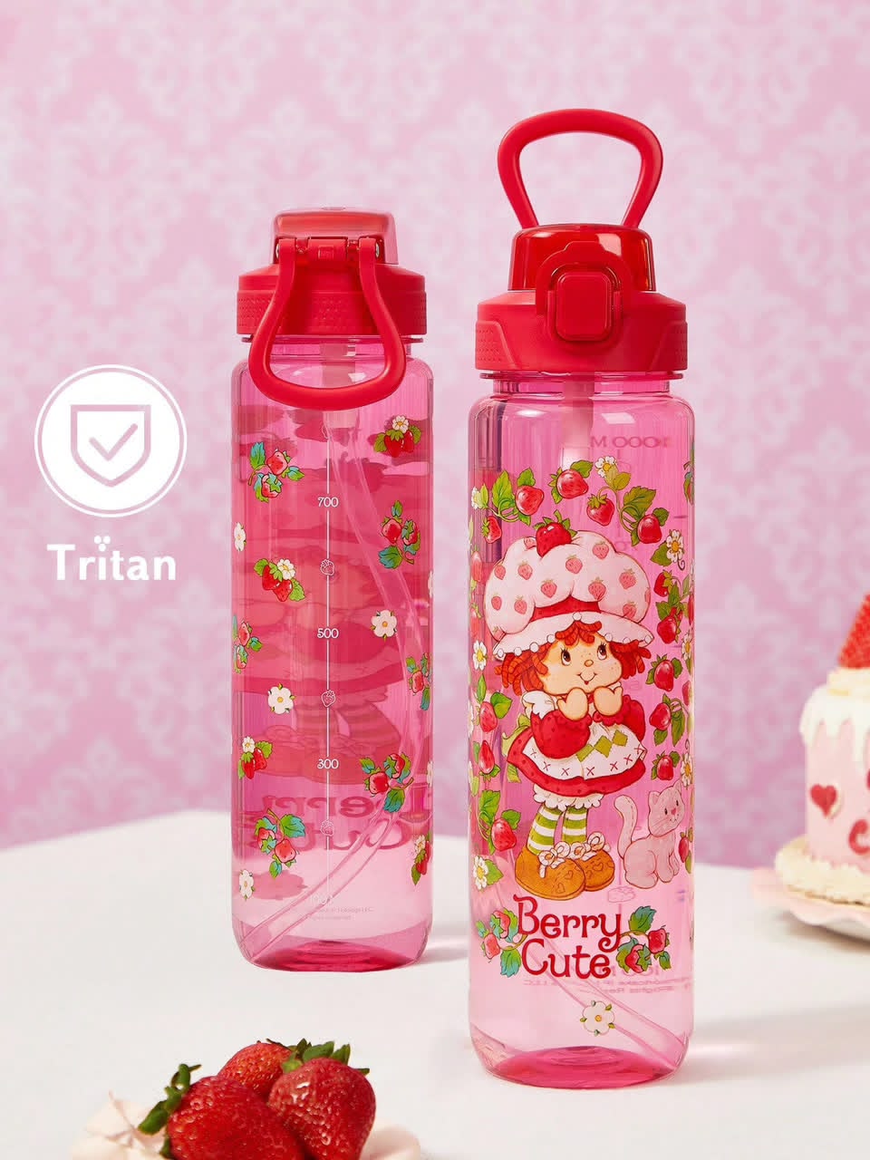 Strawberry Shortcake Cartoon Tritan Water Bottle with Straw and Carrying Loop, Cute Leak-Proof Sports Jug with Volume Markings