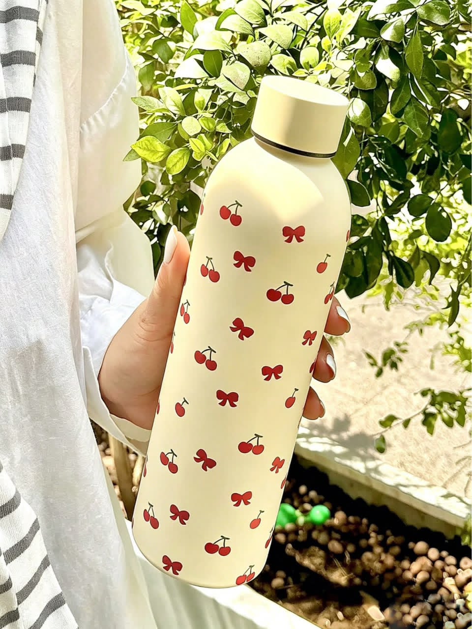 Cute Cherry and Bow Print Insulated Water Bottle – Lightweight Portable Fitness Flask