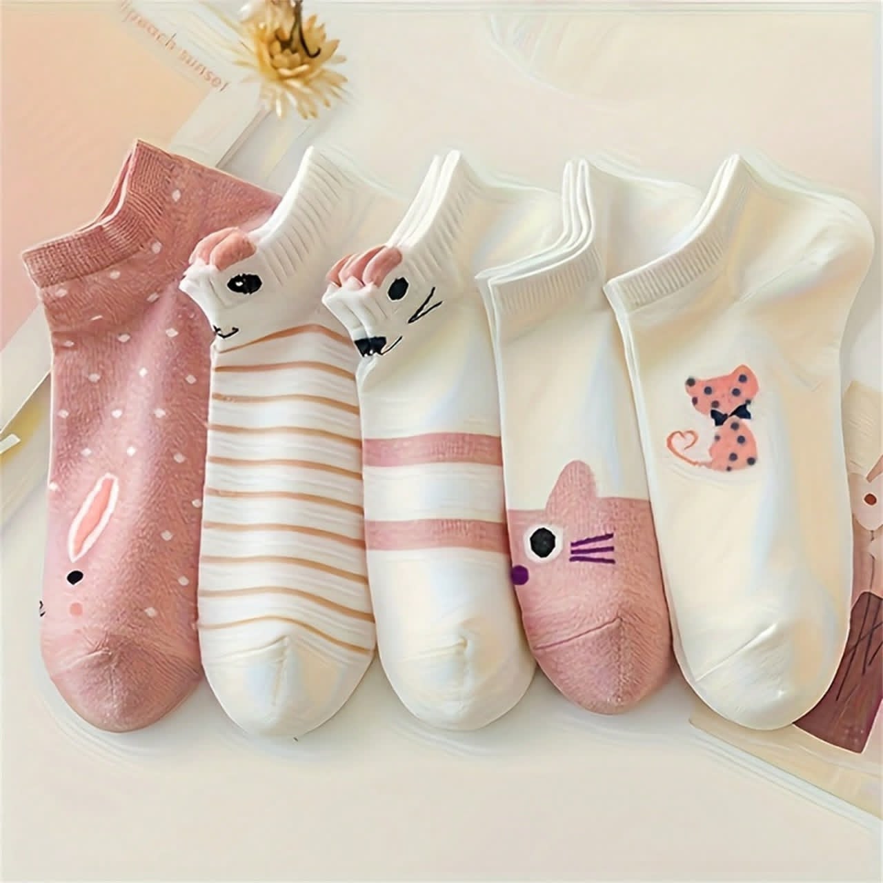 Cute Animal Pattern Ankle Socks – Soft Cotton Blend Casual Socks for Women