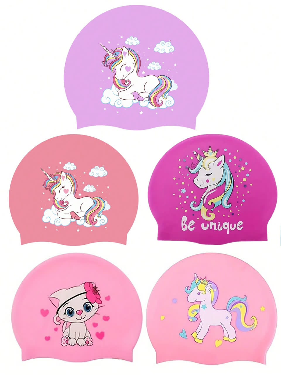 Kids' Silicone Swimming Cap – Cute Cartoon Unicorn & Cat Patterns – Waterproof Swim Hat for Boys and Girls