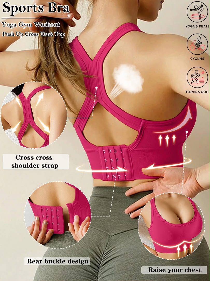 Women's High-Support Athletic Sports Bra – Adjustable Cross-Back Push-Up Yoga Tank Top with Rear Buckle Closure