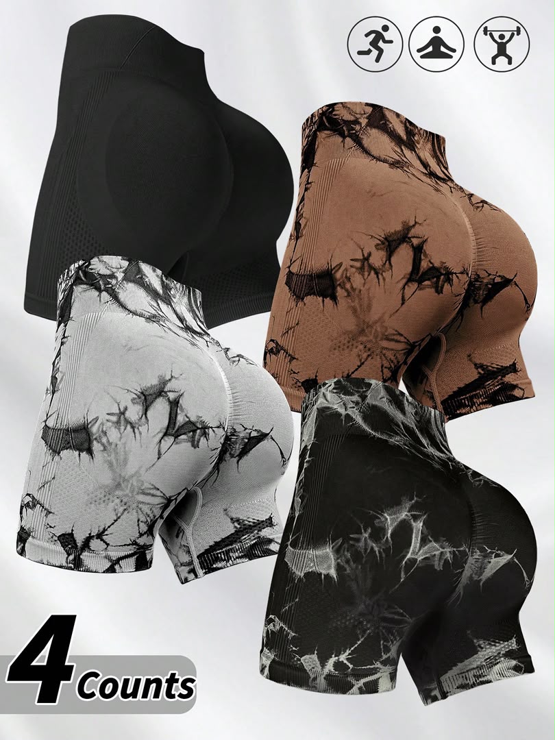 Women’s High-Waist Seamless Tie-Dye Yoga Shorts - 4-Piece Athletic Workout Set