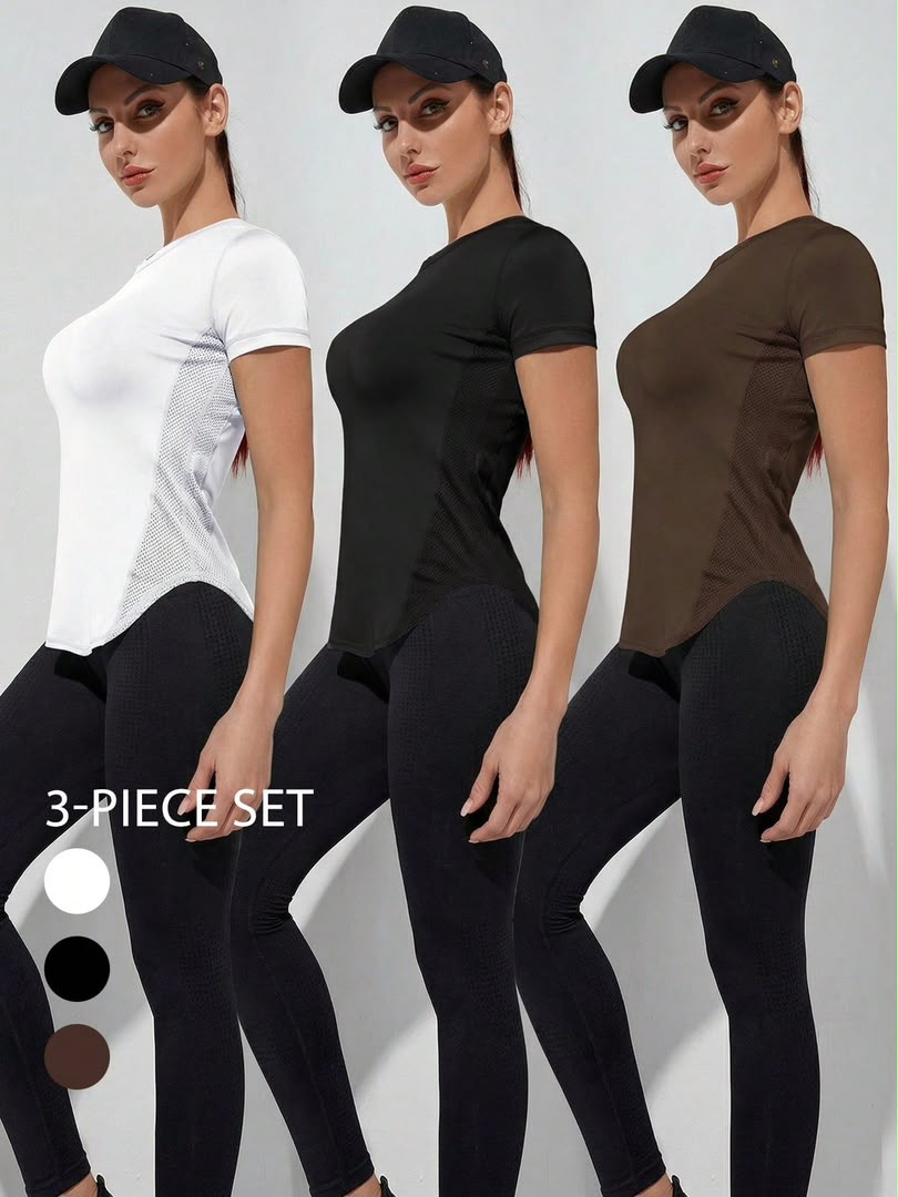 Women’s Breathable Mesh-Panel Athletic T-Shirt - 3-Piece Workout Top Set