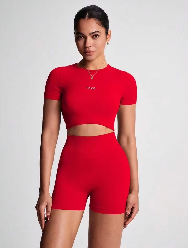 Women's Seamless Knit Sports Yoga Set – Short Sleeve Round Neck Top & High-Waist Tummy Control Biker Shorts for Gym, Fitness & Running 2