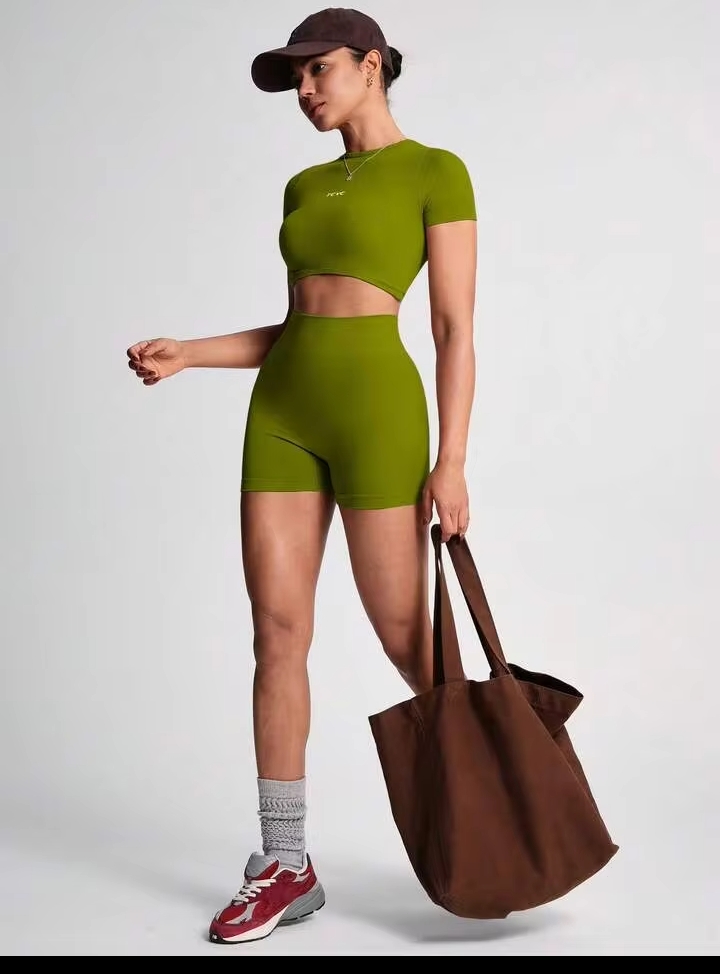 Women's Seamless Knit Sports Yoga Set – Short Sleeve Round Neck Top & High-Waist Tummy Control Biker Shorts for Gym, Fitness & Running 2