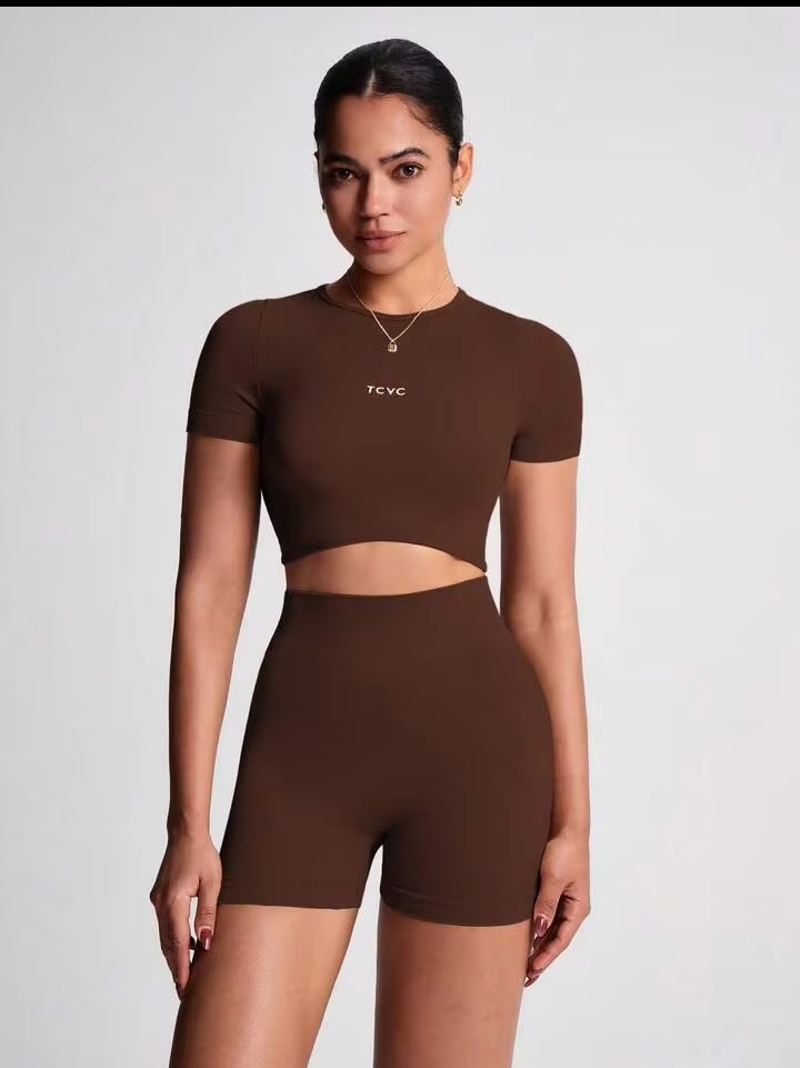 Women's Seamless Knit Sports Yoga Set – Short Sleeve Round Neck Top & High-Waist Tummy Control Biker Shorts for Gym, Fitness & Running