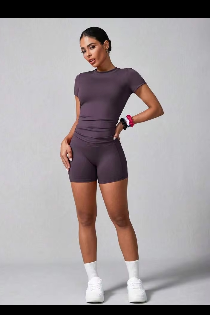 Women's Seamless Knit Sports Yoga Set – Short Sleeve Round Neck Top & High-Waist Tummy Control Biker Shorts for Gym, Fitness & Running