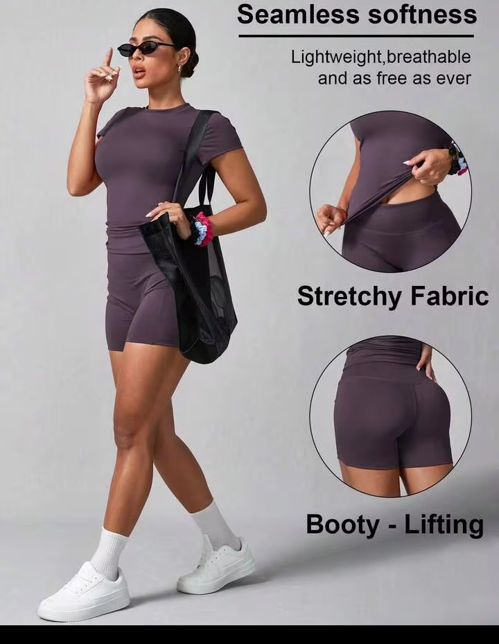 Women's Seamless Knit Sports Yoga Set – Short Sleeve Round Neck Top & High-Waist Tummy Control Biker Shorts for Gym, Fitness & Running 2