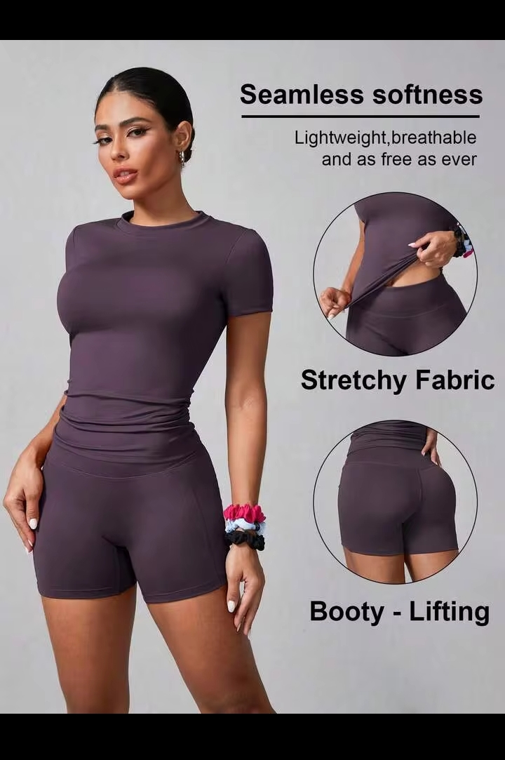 Women's Seamless Knit Sports Yoga Set – Short Sleeve Round Neck Top & High-Waist Tummy Control Biker Shorts for Gym, Fitness & Running 3