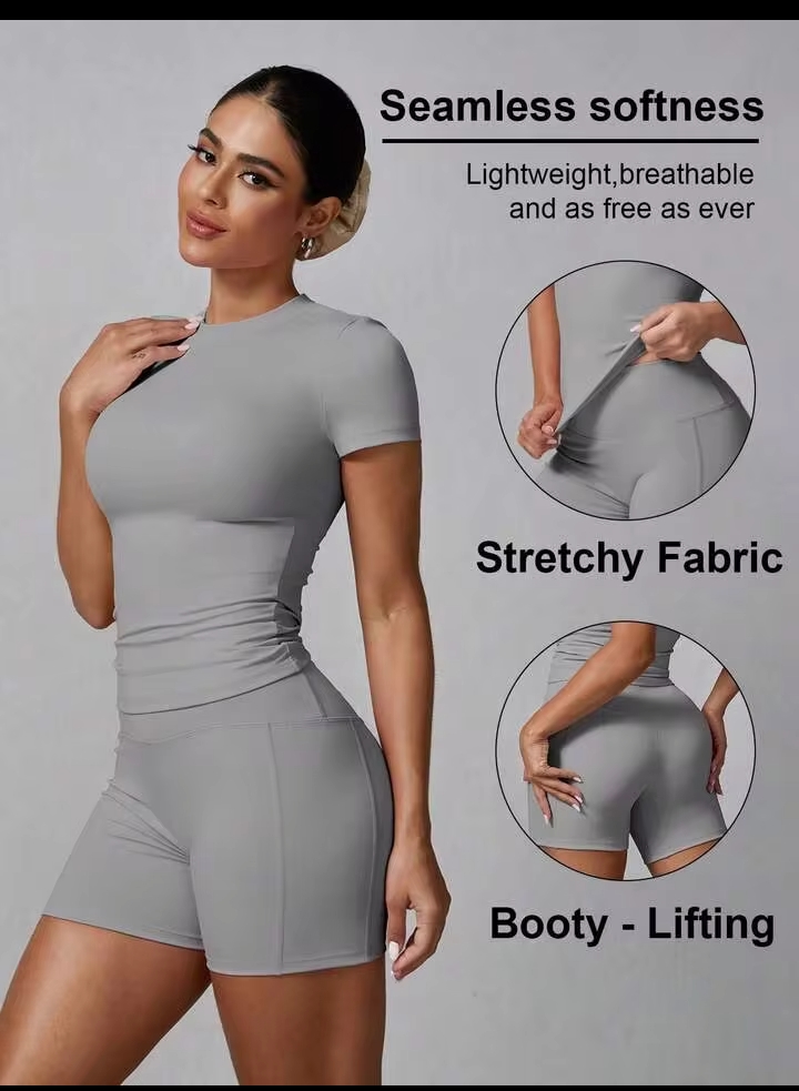 Women's 2PCS Solid Color Short Sleeve T-Shirt & Shorts Sports Set – Summer Activewear for Fitness, Running, Casual Wear & Home Workouts