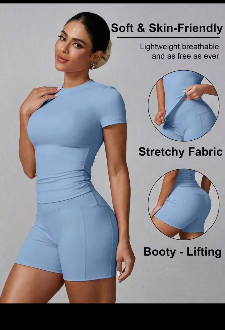 Women's 2PCS Solid Color Short Sleeve T-Shirt & Shorts Sports Set – Summer Activewear for Fitness, Running, Casual Wear & Home Workouts
