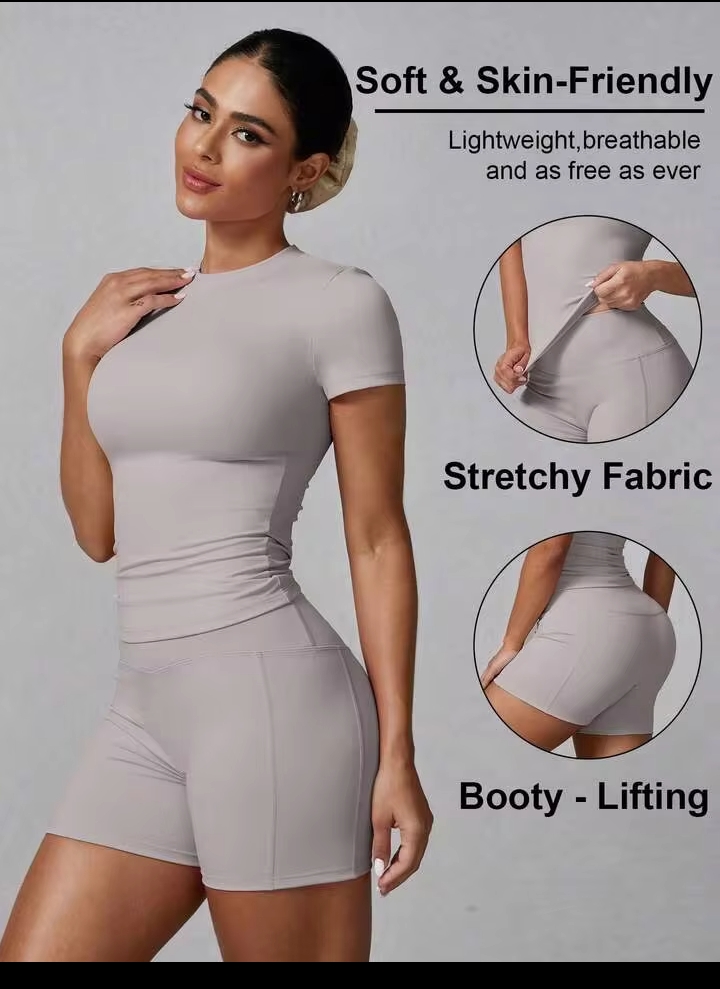 Women's 2PCS Solid Color Short Sleeve T-Shirt & Shorts Sports Set – Summer Activewear for Fitness, Running, Casual Wear & Home Workouts