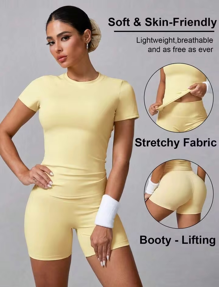 Women's 2PCS Solid Color Short Sleeve T-Shirt & Shorts Sports Set – Summer Activewear for Fitness, Running, Casual Wear & Home Workouts 3
