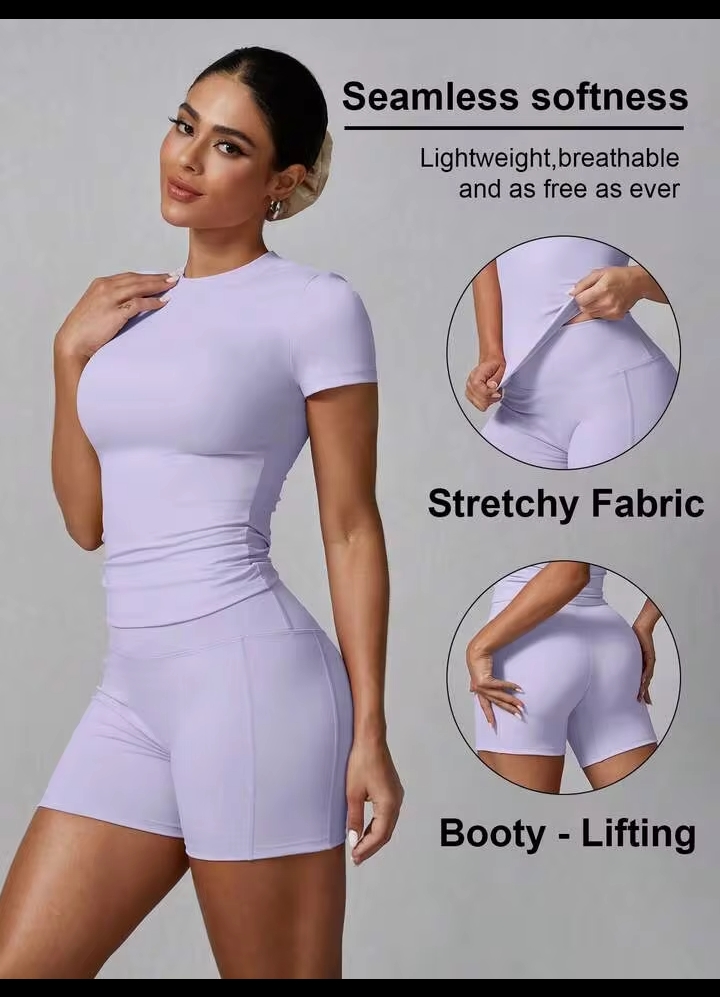 Women's 2PCS Solid Color Short Sleeve T-Shirt & Shorts Sports Set – Summer Activewear for Fitness, Running, Casual Wear & Home Workouts 3