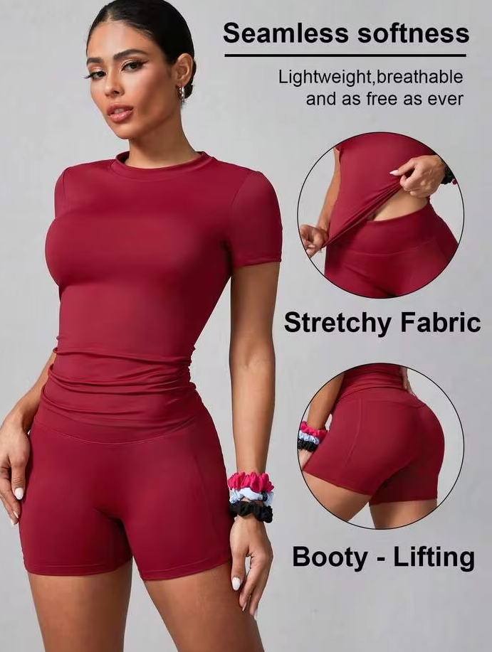 Women's 2PCS Solid Color Short Sleeve T-Shirt & Shorts Sports Set – Summer Activewear for Fitness, Running, Casual Wear & Home Workouts