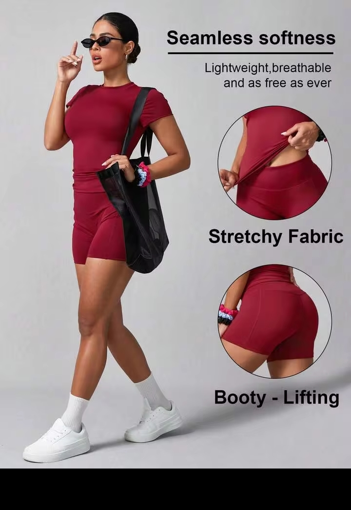 Women's 2PCS Solid Color Short Sleeve T-Shirt & Shorts Sports Set – Summer Activewear for Fitness, Running, Casual Wear & Home Workouts 3