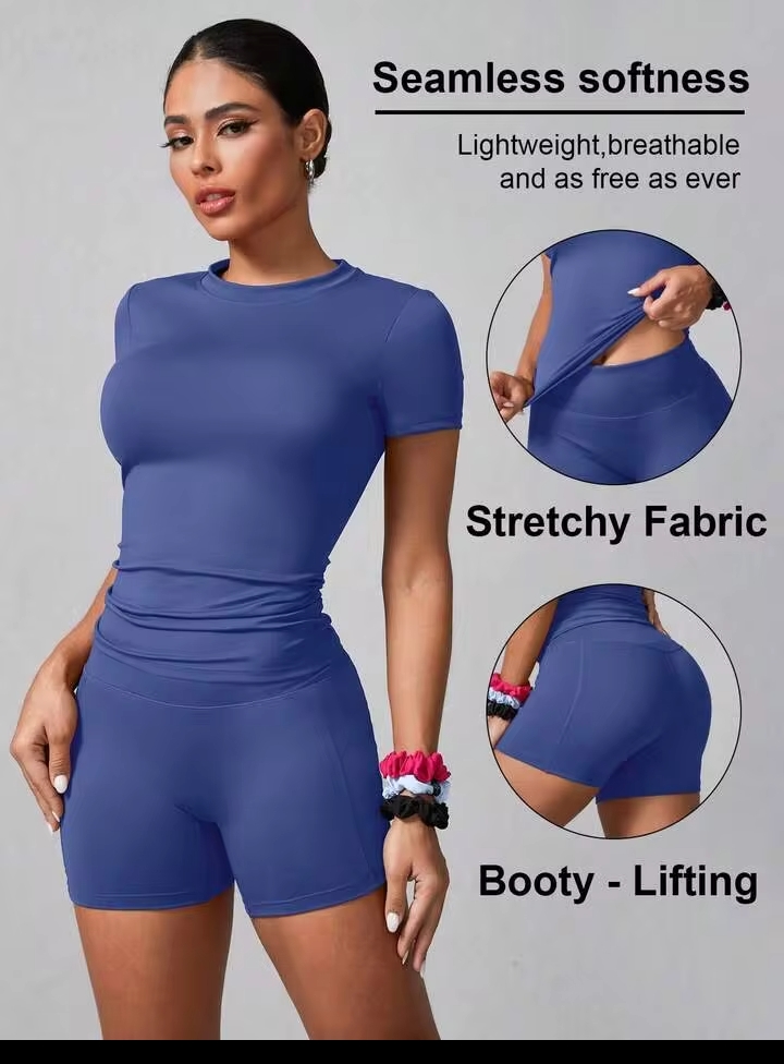 Women's 2PCS Solid Color Short Sleeve T-Shirt & Shorts Sports Set – Summer Activewear for Fitness, Running, Casual Wear & Home Workouts