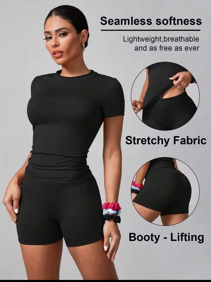 Women's 2PCS Solid Color Short Sleeve T-Shirt & Shorts Sports Set – Summer Activewear for Fitness, Running, Casual Wear & Home Workouts