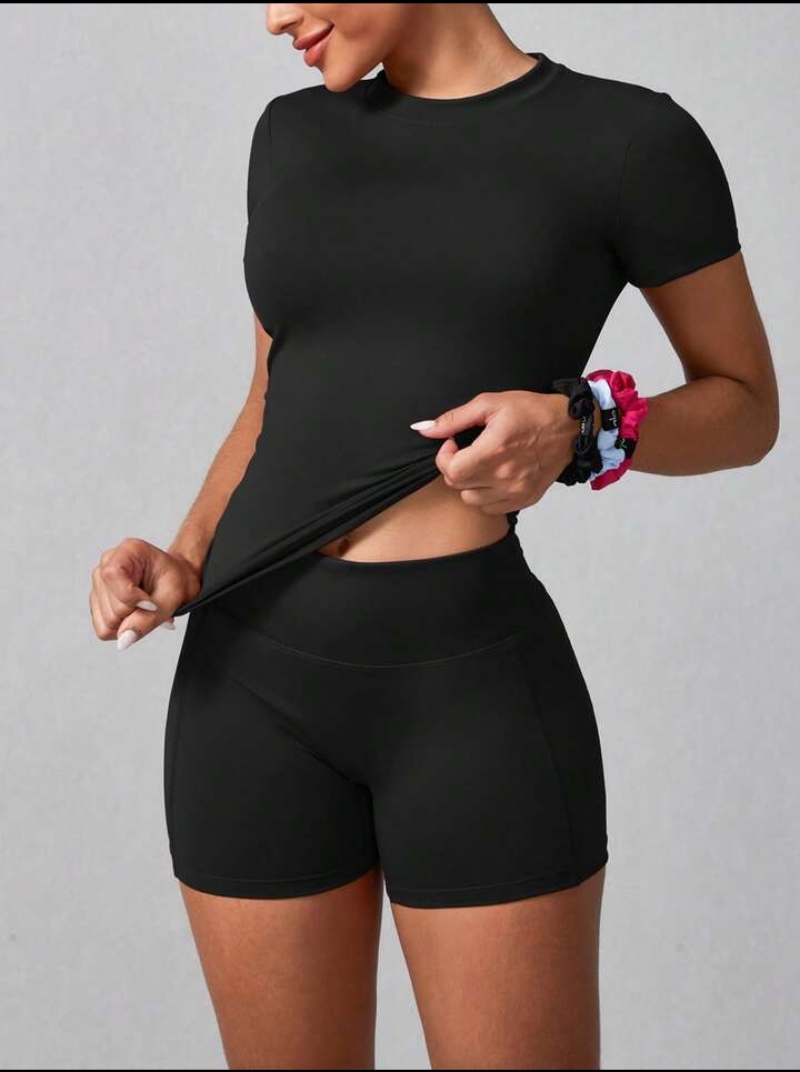 Women's 2PCS Solid Color Short Sleeve T-Shirt & Shorts Sports Set – Summer Activewear for Fitness, Running, Casual Wear & Home Workouts 2