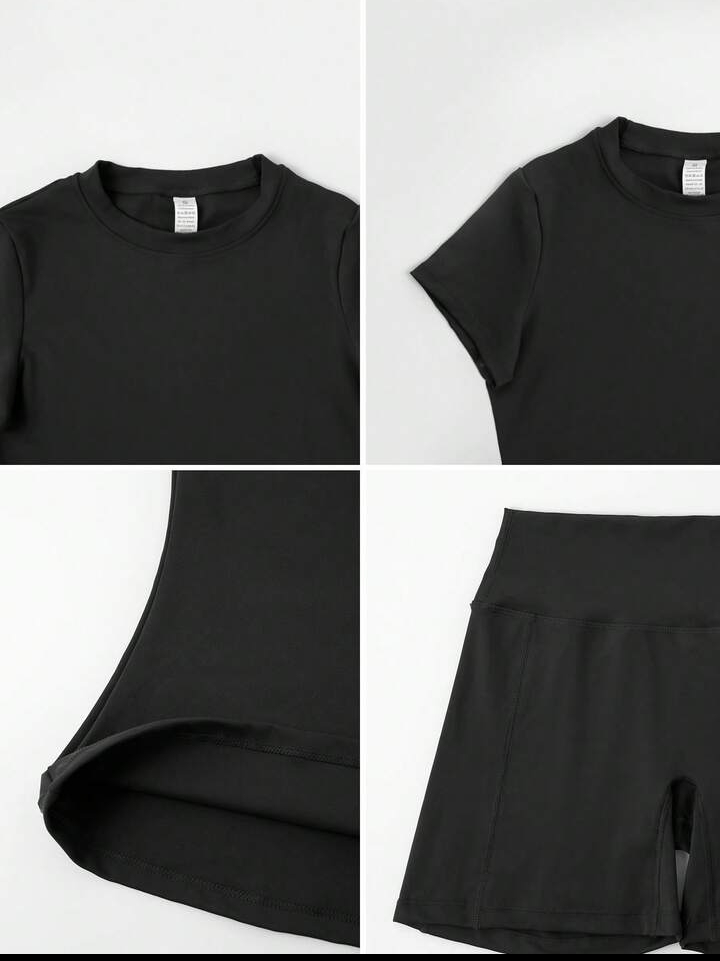 Women's 2PCS Solid Color Short Sleeve T-Shirt & Shorts Sports Set – Summer Activewear for Fitness, Running, Casual Wear & Home Workouts 3