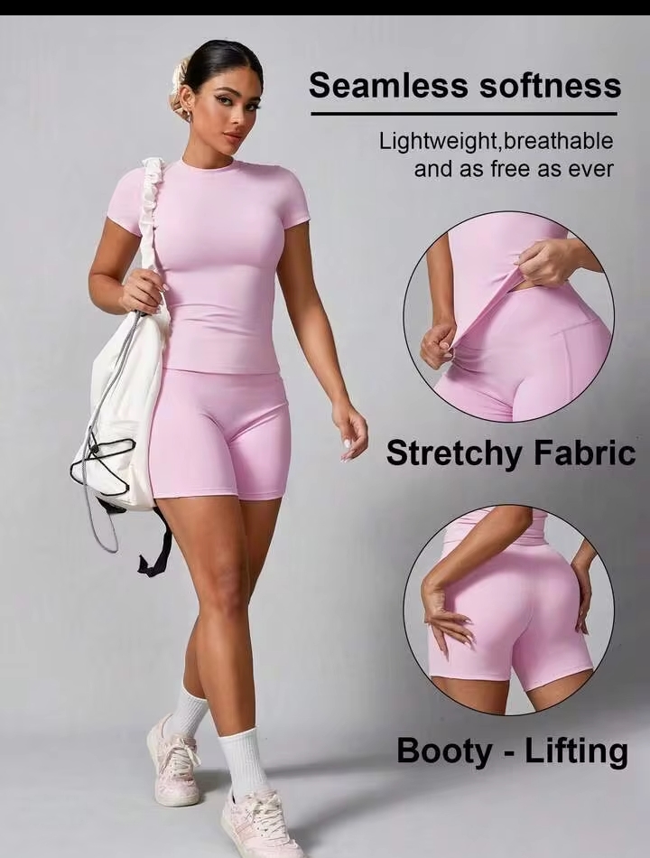 Women's 2PCS Solid Color Short Sleeve T-Shirt & Shorts Sports Set – Summer Activewear for Fitness, Running, Casual Wear & Home Workouts