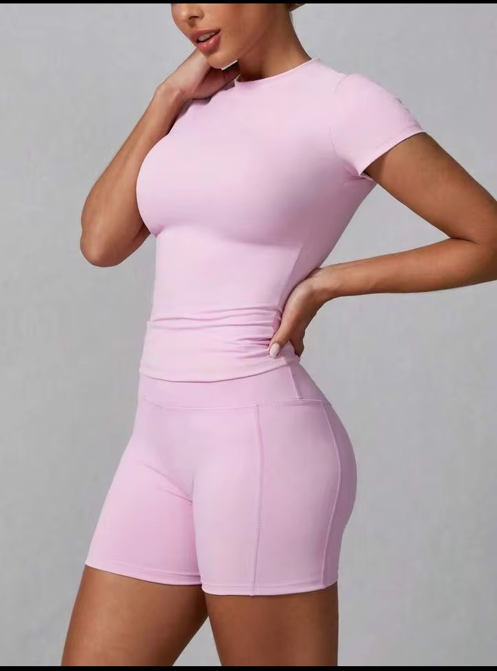 Women's 2PCS Solid Color Short Sleeve T-Shirt & Shorts Sports Set – Summer Activewear for Fitness, Running, Casual Wear & Home Workouts 2