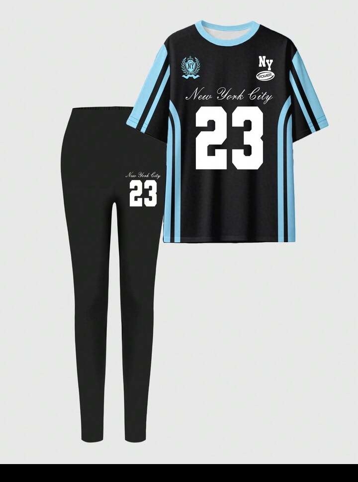 Women's 2PCS Number 23 Graphic Print Sportswear Set – Short Sleeve T-Shirt & Skinny Leggings for Casual Wear, Fitness & Street Style 2
