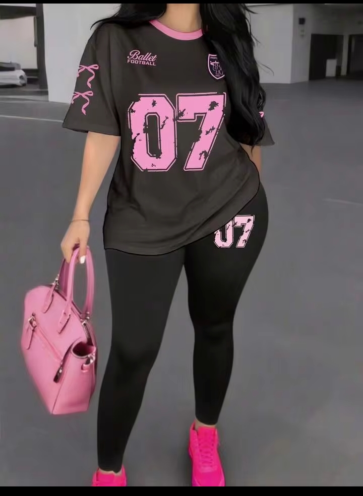Women's 2PCS Number 23 Graphic Print Sportswear Set – Short Sleeve T-Shirt & Skinny Leggings for Casual Wear, Fitness & Street Style 2