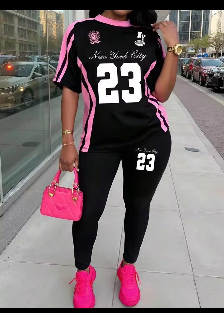 Women's 2PCS Number 23 Graphic Print Sportswear Set – Short Sleeve T-Shirt & Skinny Leggings for Casual Wear, Fitness & Street Style