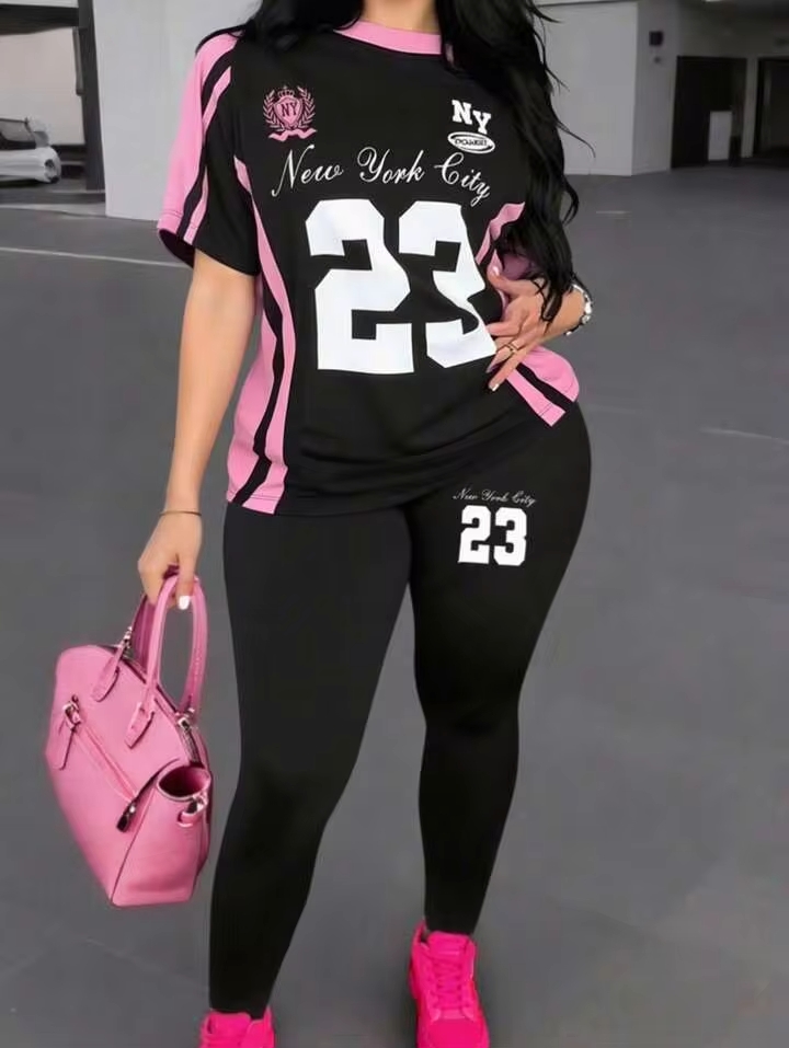 Women's 2PCS Number 23 Graphic Print Sportswear Set – Short Sleeve T-Shirt & Skinny Leggings for Casual Wear, Fitness & Street Style 2