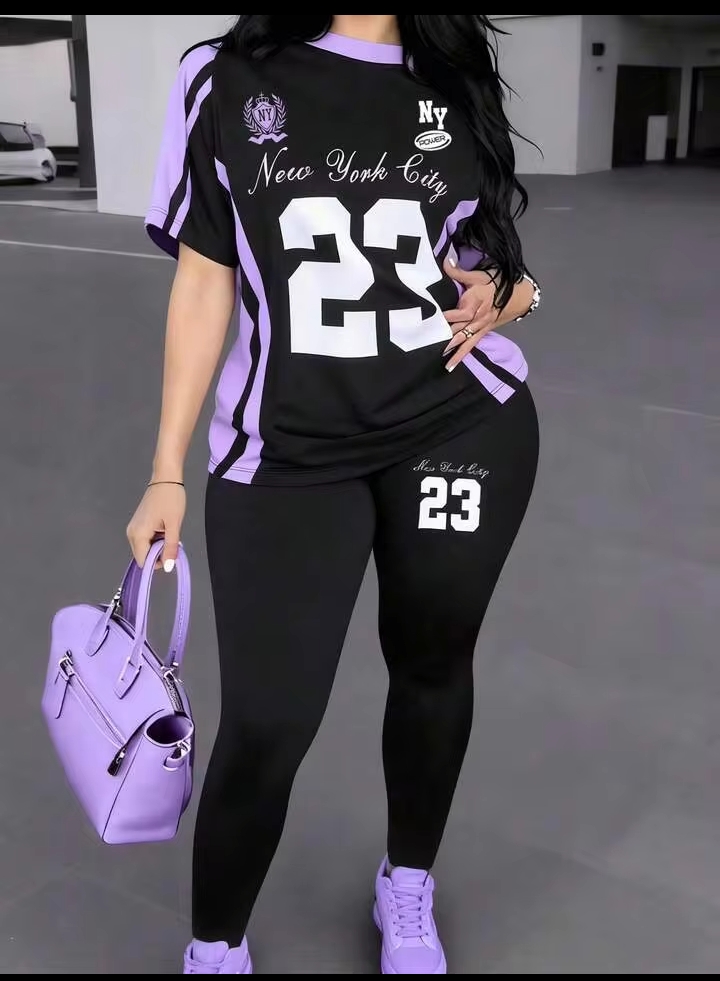 Women's 2PCS Number 23 Graphic Print Sportswear Set – Short Sleeve T-Shirt & Skinny Leggings for Casual Wear, Fitness & Street Style