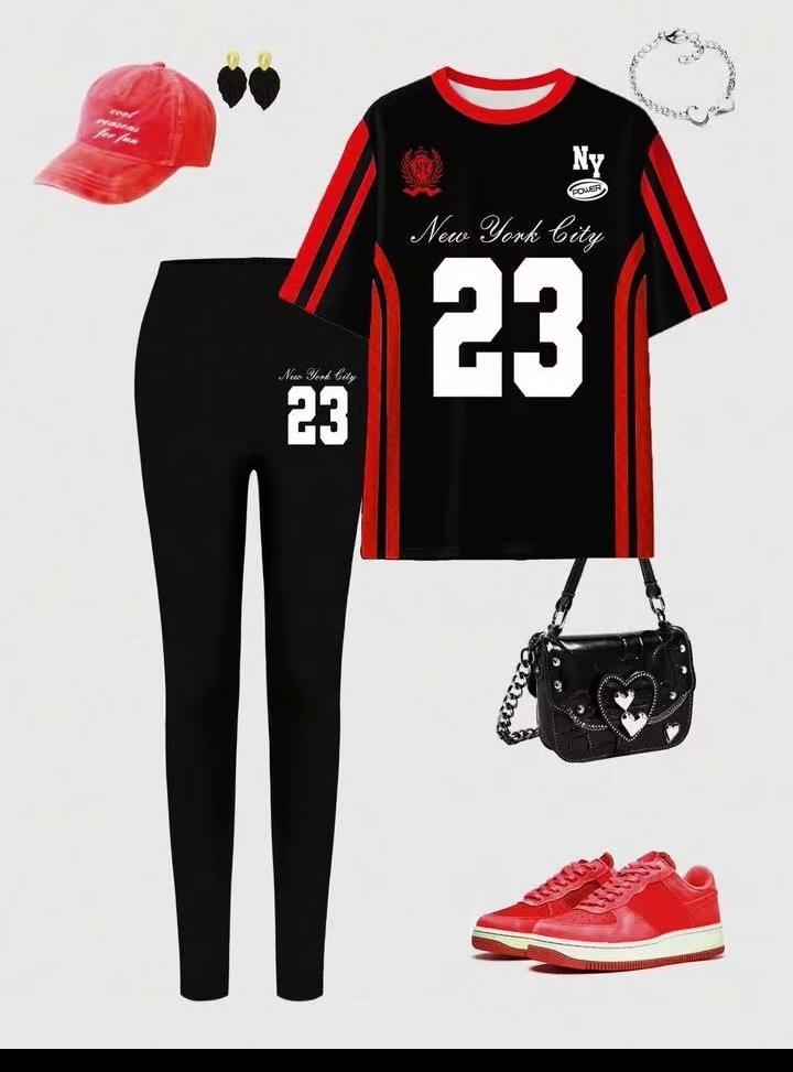 Women's 2PCS Number 23 Graphic Print Sportswear Set – Short Sleeve T-Shirt & Skinny Leggings for Casual Wear, Fitness & Street Style